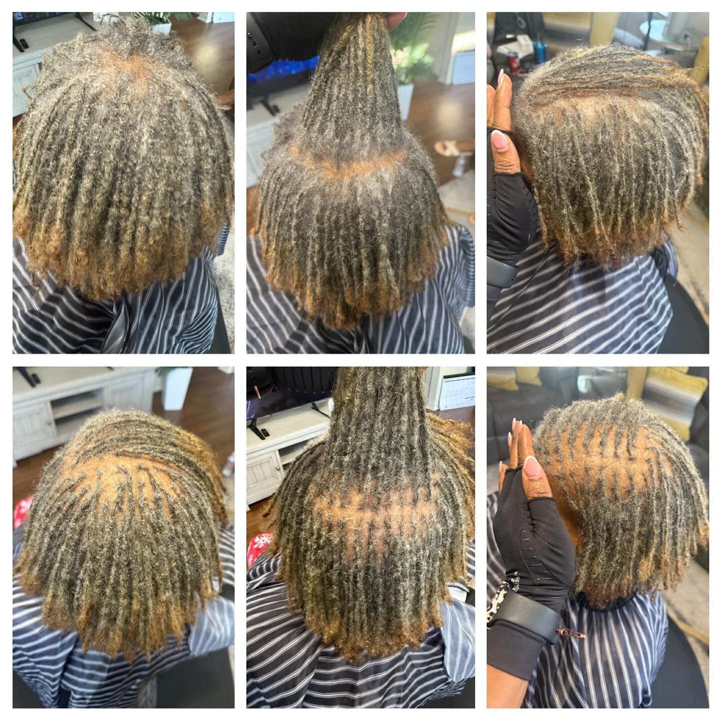 Before and after dreadlock maintenance showing cleaner, neater locs.