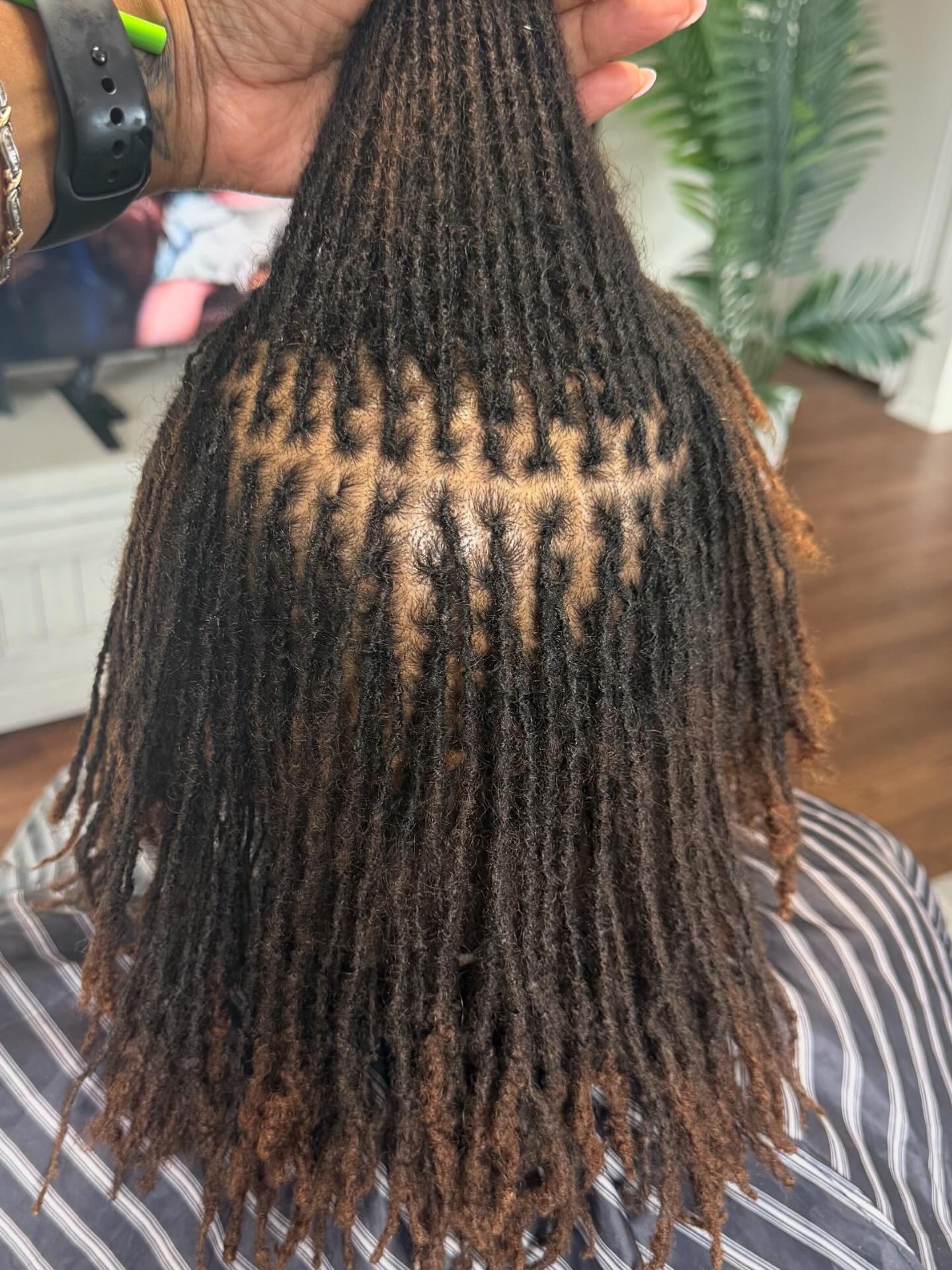 Intricate dreadlock hairstyle with a unique crisscross pattern on the scalp.