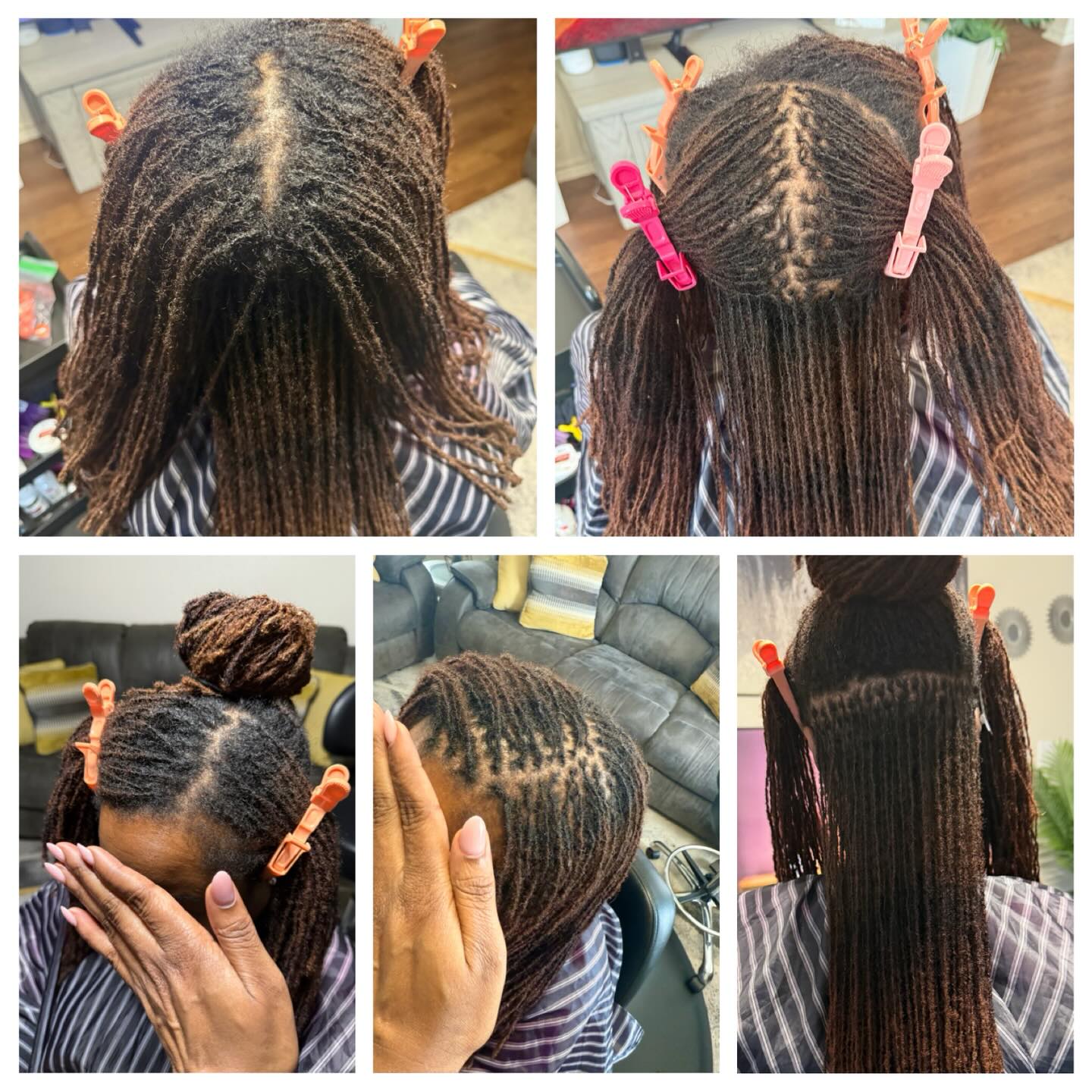 Step-by-step hair braiding tutorial showing parted sections and braided styles.