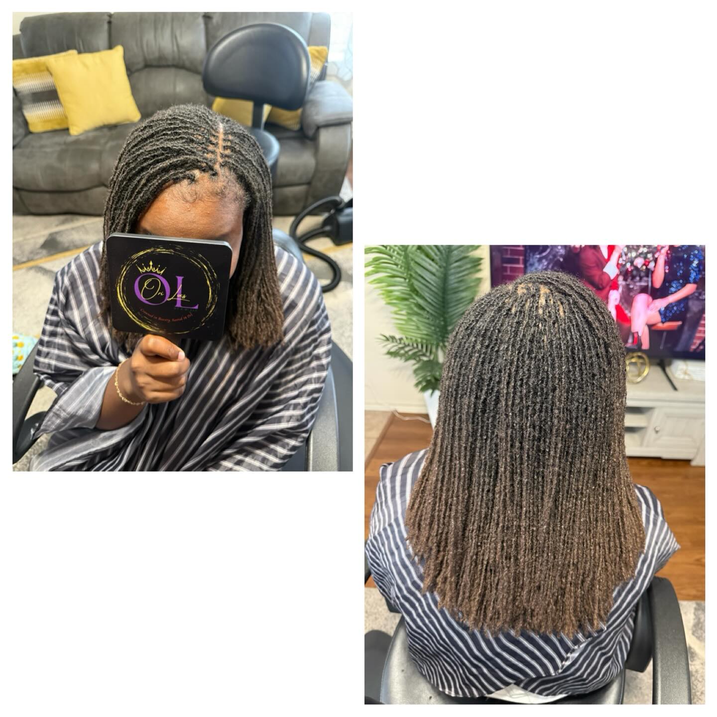 Person with long, neat box braids in a salon chair.