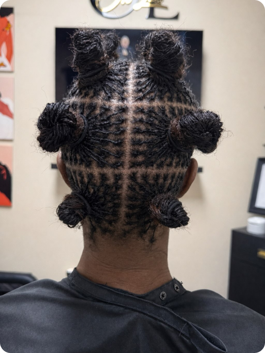 Intricate braided hairstyle with symmetrical patterns and small buns.