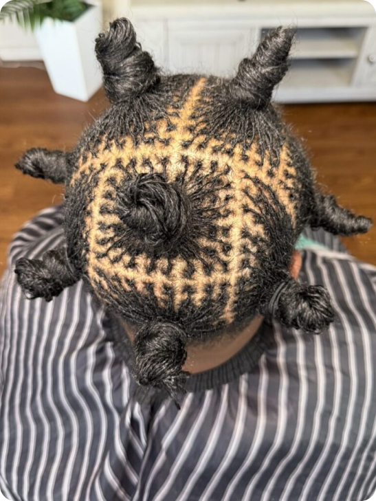 Intricately braided hair styled into multiple twisted buns with a detailed geometric pattern.
